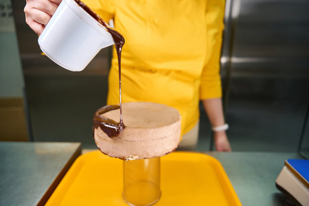 Pastry chef is coating dessert with ganache on kitchen countertopの写真素材