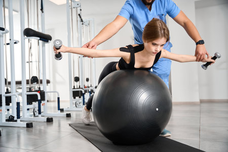 Patient at kinesiotherapy clinic performs exercises with fitball and dumbbellsの写真素材