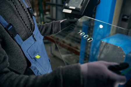 Worker holds in his hands drilled glass for double-glazed windowの写真素材