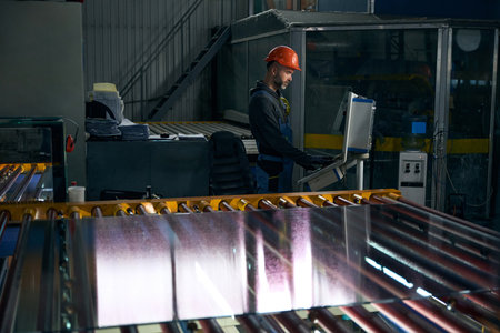 Master works in window production with glass for double-glazed windowsの写真素材