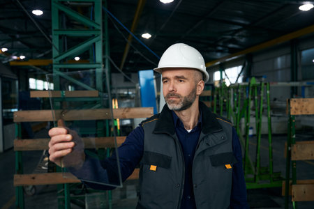 Engineer in safety helmet holds in his hands material for double-glazed windowの写真素材