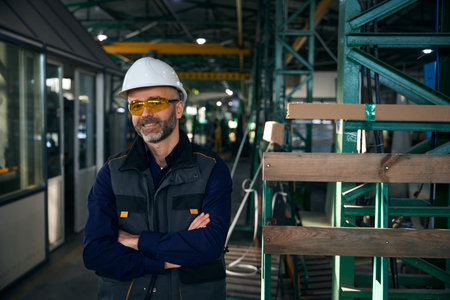 Man in safety glasses and hard hat stands in production workshopの写真素材