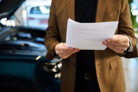 Caucasian man in a jacket holds a car purchase agreementの写真素材