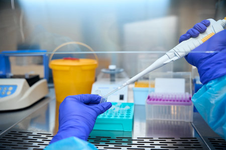Infectious disease specialist uses laboratory pipette dispenser in his work