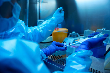 Laboratory workers use a pipette dispenser in their work