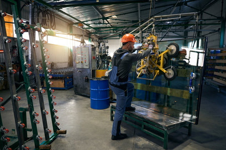 Foreman in protective gloves works in a window production workshop