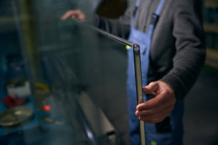 Worker at window production carries out initial sealing spacer frameの写真素材