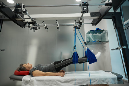 Elderly woman is undergoing rehabilitation in a harness