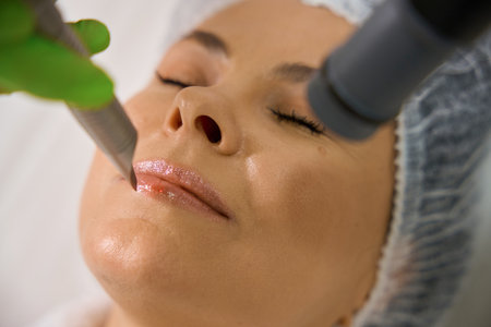 Patient in a protective cap during a hardware cosmetology procedureの写真素材