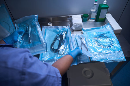 Medical staff organizing sterile instruments on preparation tableの写真素材