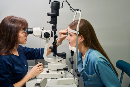 Optometrist performing eye examination on young patientの写真素材