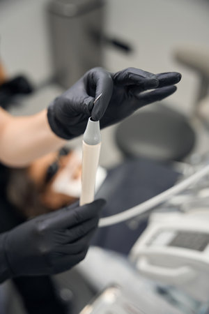 Elderly woman in dental officeの写真素材