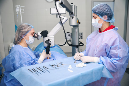 Team of surgeons performs a surgical operation in operating roomの写真素材