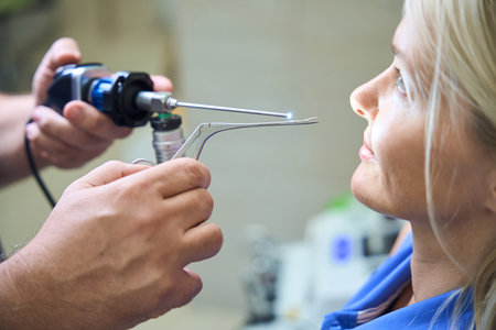 Doctor holding ear examination tool near patient