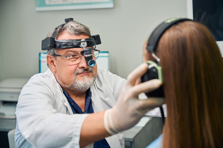 Adult caucasian doctor performing an ear examination