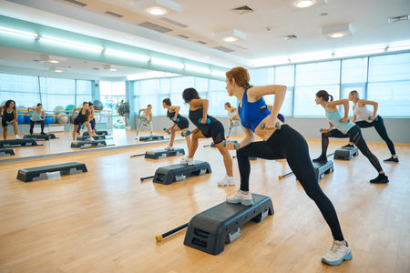 Ladies exercise with dumbbells, standing on special platformsの写真素材
