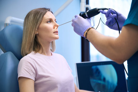 ENT doctor performs the procedure of endoscopy of the female noseの写真素材