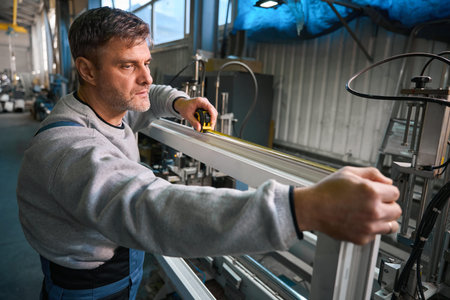Highly skilled man worker constructing PVC windows in factoryの写真素材