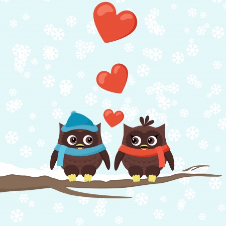 two owls on tree branches with heartsのイラスト素材