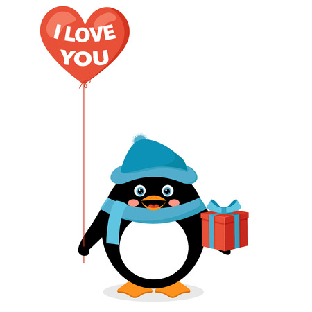 penguin with red heart balloon and gift boxのイラスト素材