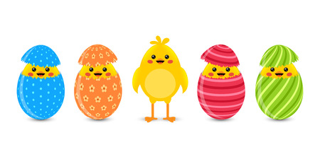 Cracked eggs with cute little chickensのイラスト素材