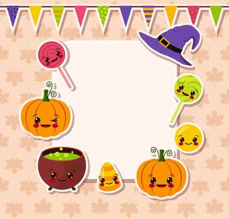 kawaii Halloween symbols with frameのイラスト素材