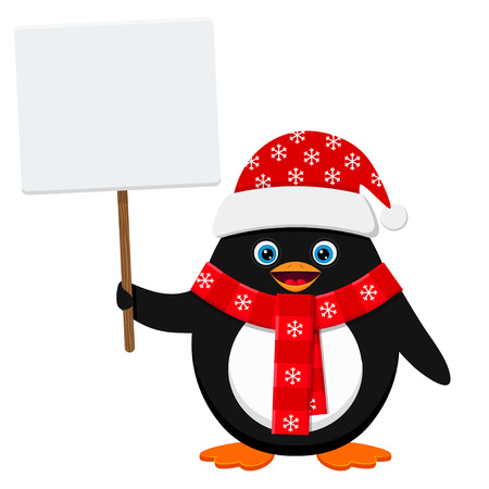Cute penguin in red hat with blank banner isolated on wight backgroundのイラスト素材