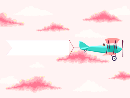 Airplane with pilot and advertising banner in the cloudy skyのイラスト素材