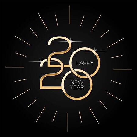Happy new year 2020 vector, square minimalistic template with gold text on black backgroundのイラスト素材