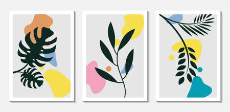 Leaf hand draw wall art set with abstract shape for print, cover, wallpaper minimalistのイラスト素材