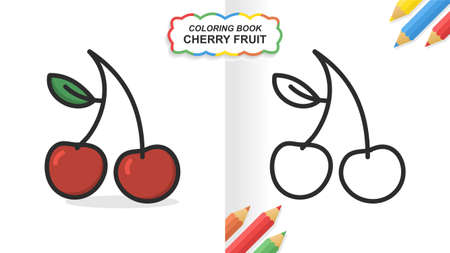 Cherry fruit hand drawn coloring book for learning. Flat color ready to printのイラスト素材
