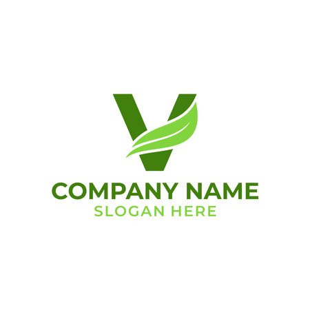 Letter V logo with leaf vector. V leaf logo template, leaf logo initialsのイラスト素材