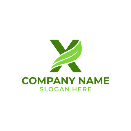 Letter X logo with leaf vector. X leaf logo template, leaf logo initialsのイラスト素材