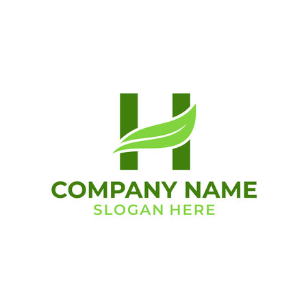 Letter H logo with leaf vector. H leaf logo template, leaf logo initialsのイラスト素材