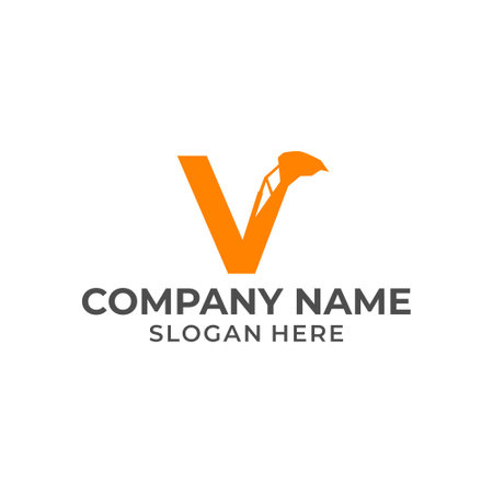 Letter V logo with excavator arm. V excavator logo template, hydraulic logo initialsのイラスト素材