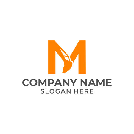 Letter M logo with excavator arm. M excavator logo template, hydraulic logo initialsのイラスト素材