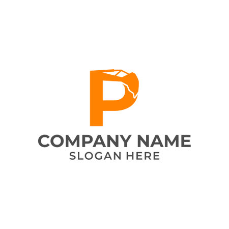 Letter P logo with excavator arm. P excavator logo template, hydraulic logo initialsのイラスト素材
