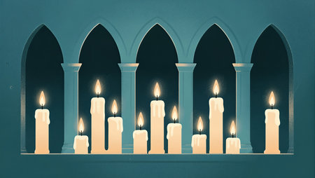A vector illustration featuring lit candles arranged in front of five gothic arches, creating a peaceful and spiritual atmosphere. Ideal for themes of reflection, remembrance, or gothic aesthetics.の素材
