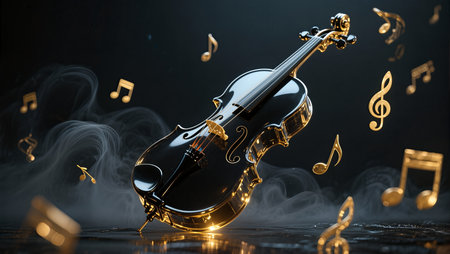 A glossy black violin with gold accents is surrounded by floating golden musical notes and wisps of smoke, creating a dramatic and artistic scene.の素材
