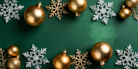 A festive green background adorned with golden ornaments and delicate snowflakes, creating a warm and inviting holiday atmosphere.の素材