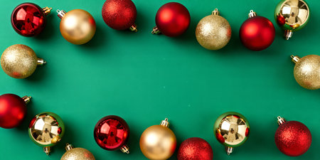 A vibrant green background adorned with red and gold Christmas ornaments, creating a festive holiday frame perfect for seasonal greetings and designs.の素材