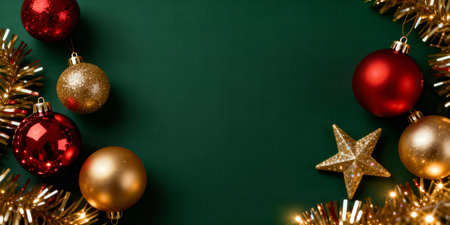 A festive arrangement of red and gold Christmas ornaments and tinsel on a green background, creating a holiday-themed backdrop.の素材