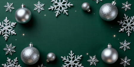A festive Christmas background featuring silver ornaments and snowflakes on a dark green surface, creating a winter holiday scene.の素材