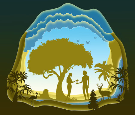 Adam and Eve. Garden of Eden. The Fall of Man. Paper art. Bible story. Digital Art.の写真素材