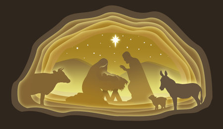 Jesus birth. Paper art. Abstract, illustration, minimalism. Bible story. Digital Art.の写真素材