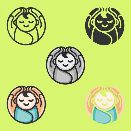 Baby in arms logo. Concept of protect child, this can also used for UI, UX, test tube baby, save child. Six icons - linear, solid, black and white, color line, multicolored. Flat vector illustration.のイラスト素材