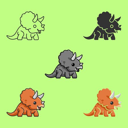 Dinosaur baby toy. Sweet dino. Cool little one triceratops for nursery t-shirt, kids apparel, invitation. Six icons - linear, solid, black and white, color line, multicolored. Flat vector illustrationのイラスト素材