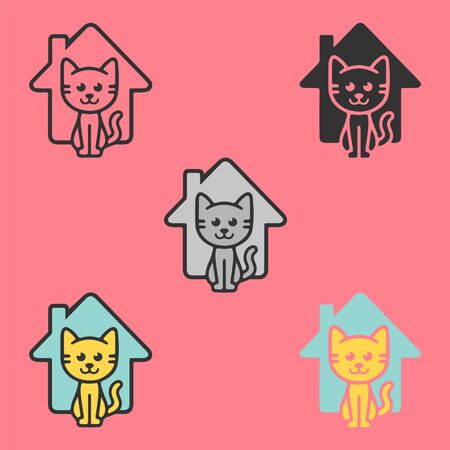 Cat house logo. Animal shelter care. Happy cool little kitten near the home for invitation, logo, UI, UX. Six icons - linear, solid, black and white, color line, multicolored. Flat vector illustrationのイラスト素材