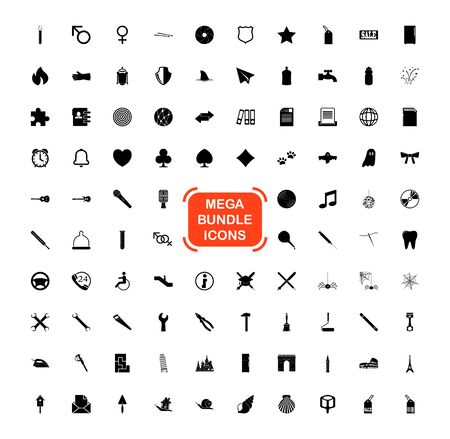 Exclusive Mega Bundle Icons Pack. Collection universal solid vector icons for website, project, business, infographic, web design, mobile app, online market. Isolated Elements on White Background.のイラスト素材
