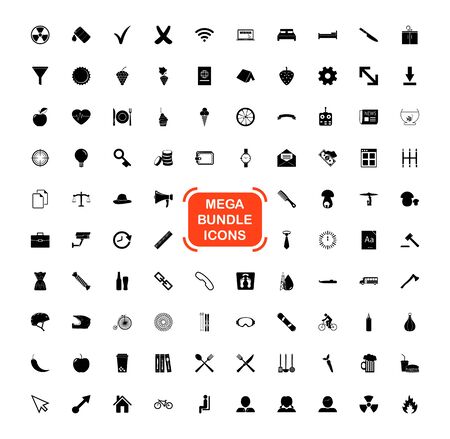 Exclusive Mega Bundle Icons Pack. Collection universal solid vector icons for website, project, business, infographic, web design, mobile app, online market. Isolated Elements on White Background.のイラスト素材